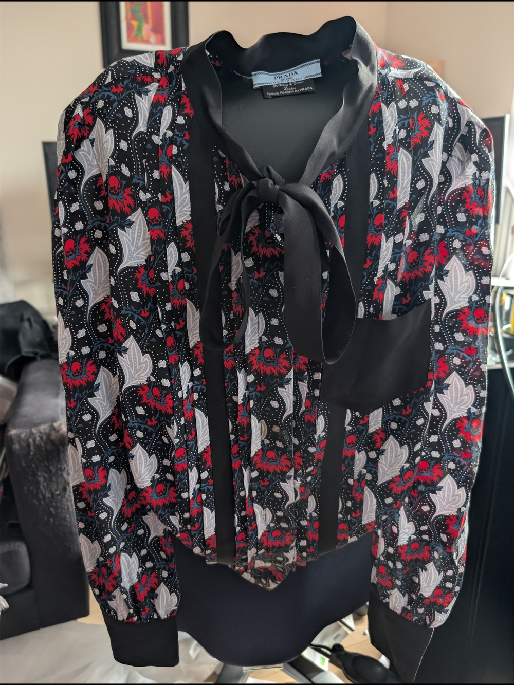 Prada Holliday & Brown 203 Collection Black Red & White Floral Tie-Neck Blouse